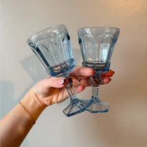 Set of 2 Fostoria Virginia Style Blue Wine Glasses | Vintage Pressed Glass